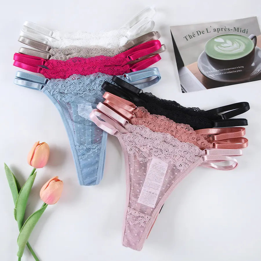 Women's Lace Thong Panties - Low-Rise Lingerie with Adjustable Waistband, Sheer Floral Lace T-Back, Soft and Breathable Everyday Intimates (Available in 7 Colors)