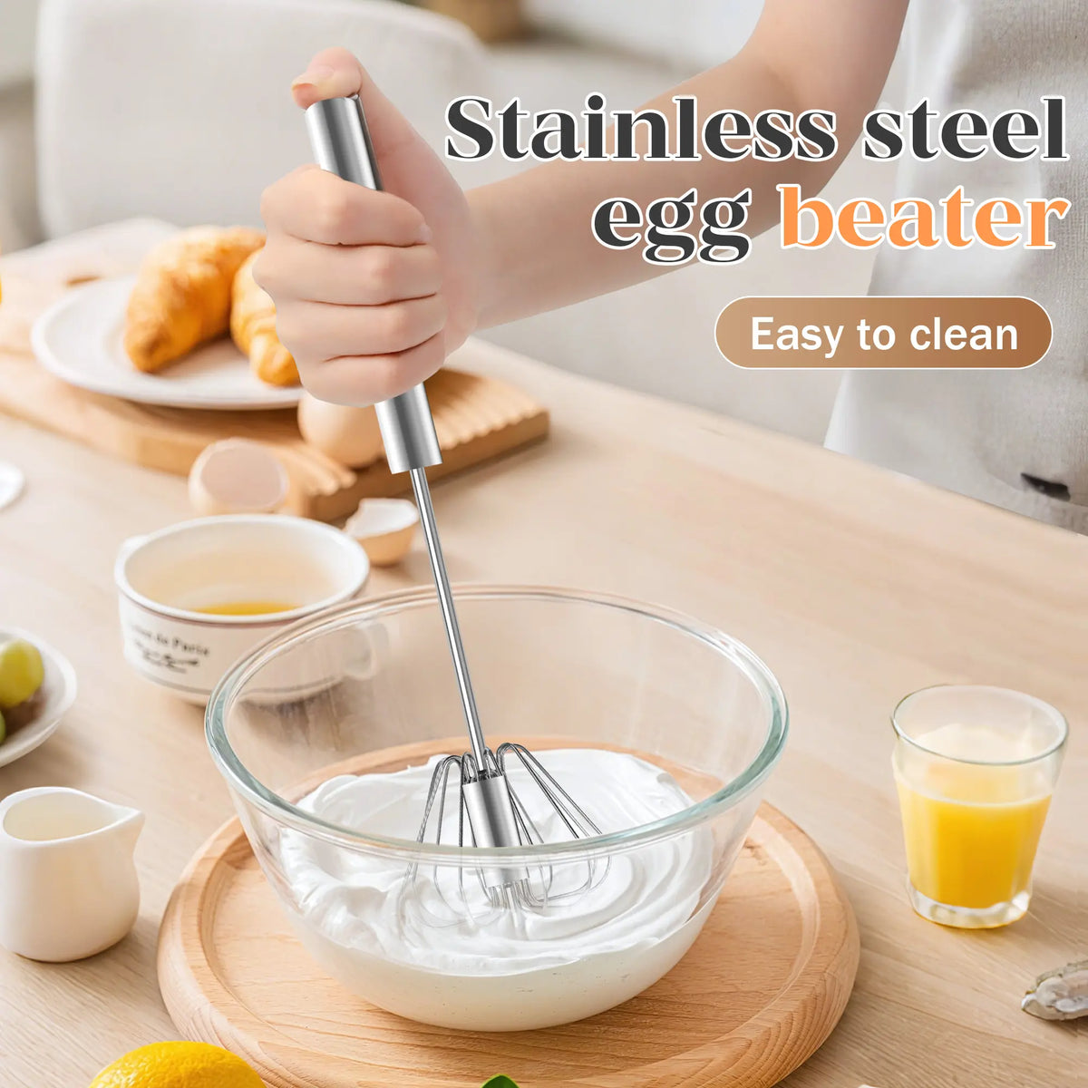Stainless Steel Hand-Push Rotary Whisk - Food-Grade, Rust-Resistant, Durable Riveted Design for Versatile Cooking, Blending, Whisking, Beating, and Stirring - Easy to Clean