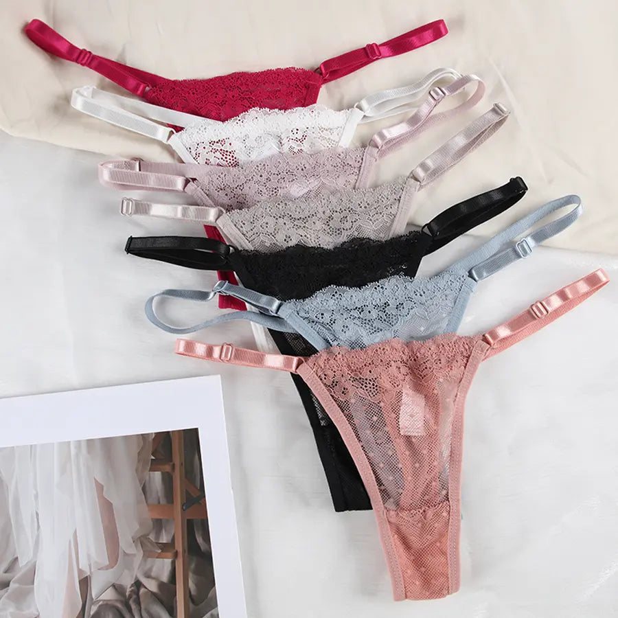 Women's Lace Thong Panties - Low-Rise Lingerie with Adjustable Waistband, Sheer Floral Lace T-Back, Soft and Breathable Everyday Intimates (Available in 7 Colors)