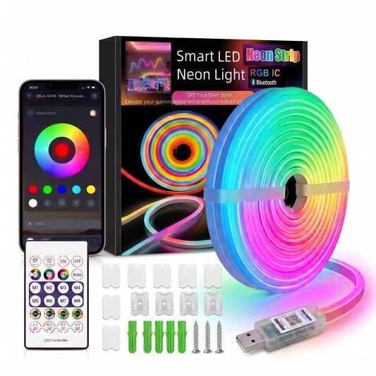 Enhanced RGBIC Smart Neon LED Light Strip (5M/10M) - Bluetooth App & Remote Controlled Color-Changing Mood Lighting with Music Synchronization, Self-Adhesive USB Powered, Ideal for Room Decoration, Gaming Setups, and Man Cave Accessories