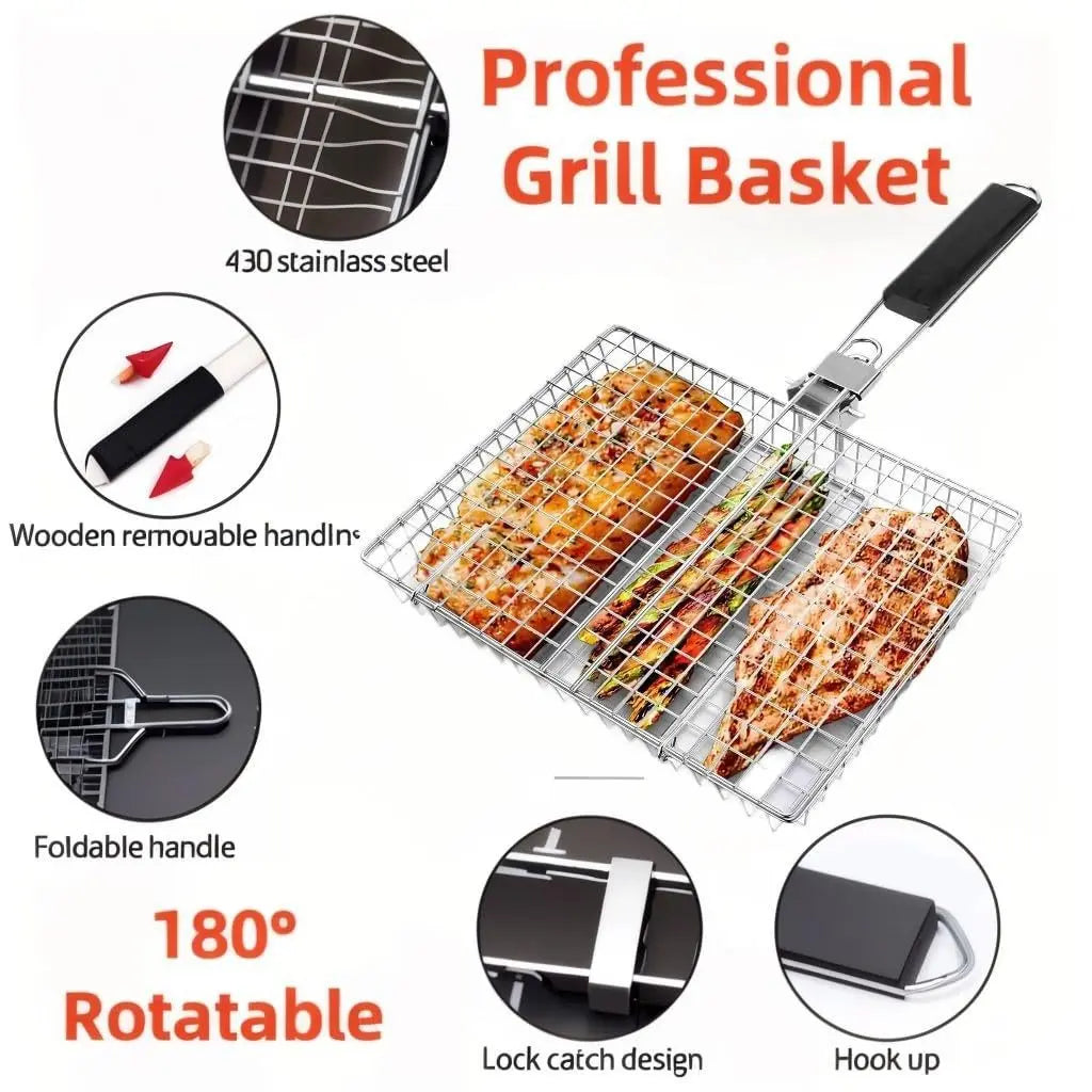Rectangular Carbon Steel Outdoor BBQ Grill Rack - Spacious Single Sheet with Handle, Durable Barbecue Utensils for Home and Festive Use