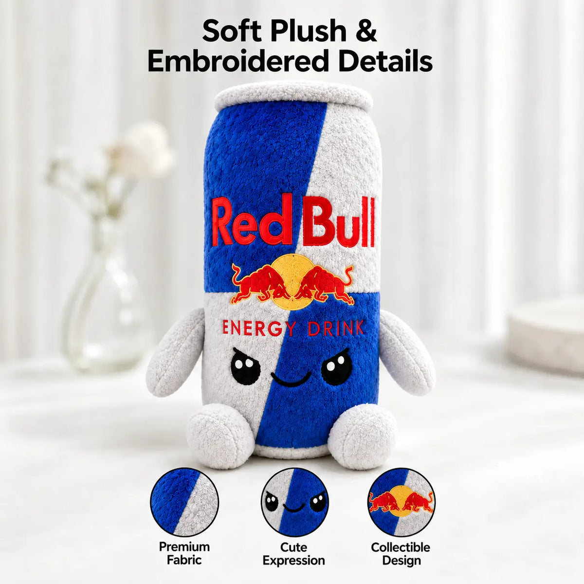Red Bull Energy Drink Can Plush Toy - 8.7 Inch Soft Plushie for Gamer Desk Decor, Room Display, and Fan Gift