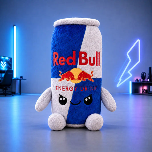 Red Bull Energy Drink Can Plush Toy - 8.7 Inch Soft Plushie for Gamer Desk Decor, Room Display, and Fan Gift