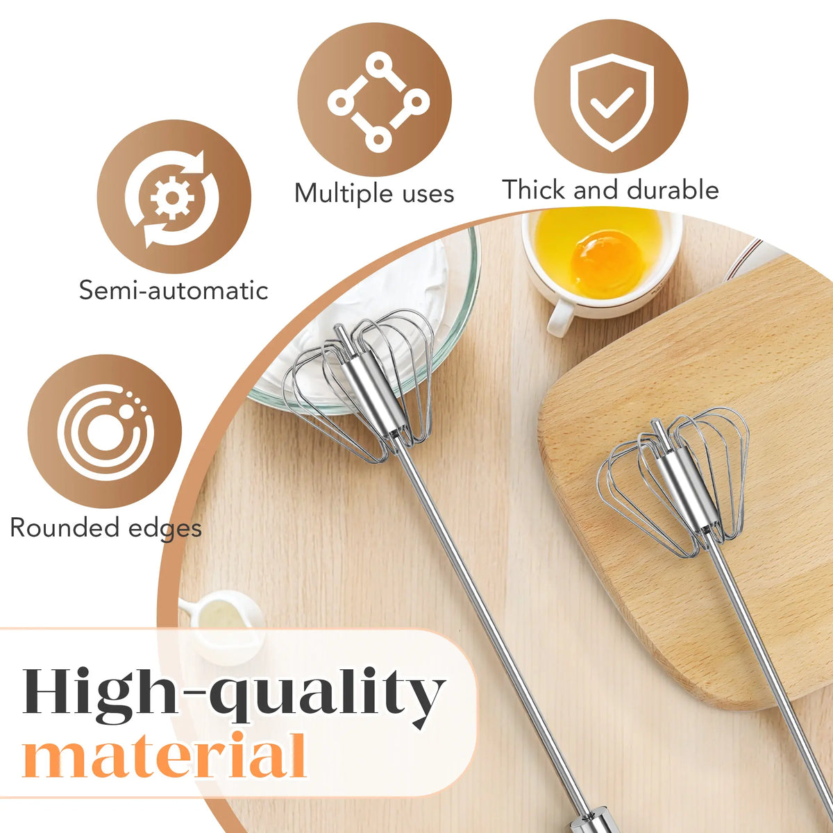 Stainless Steel Hand-Push Rotary Whisk - Food-Grade, Rust-Resistant, Durable Riveted Design for Versatile Cooking, Blending, Whisking, Beating, and Stirring - Easy to Clean