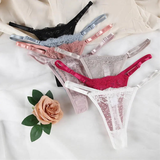 Women's Lace Thong Panties - Low-Rise Lingerie with Adjustable Waistband, Sheer Floral Lace T-Back, Soft and Breathable Everyday Intimates (Available in 7 Colors)