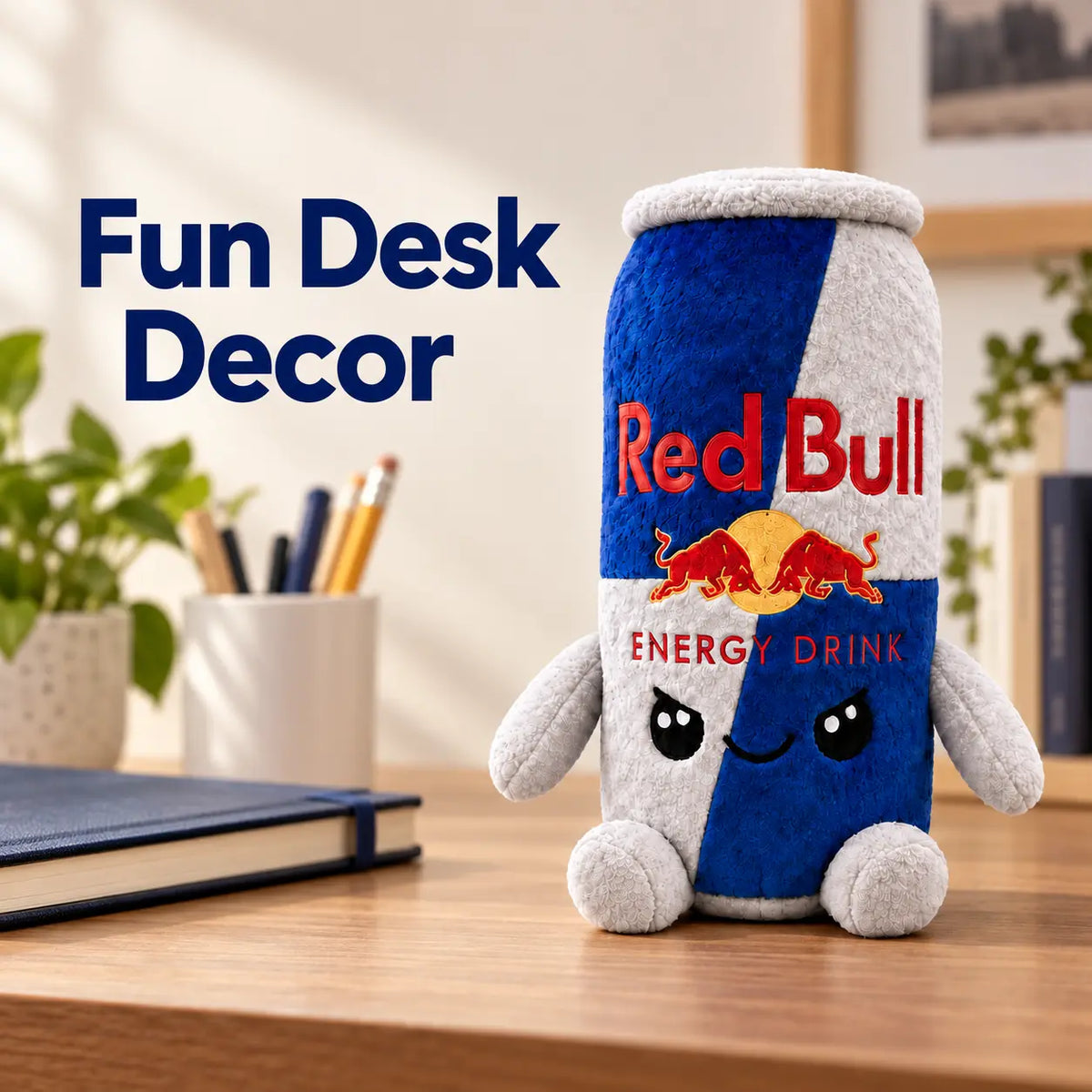 Red Bull Energy Drink Can Plush Toy - 8.7 Inch Soft Plushie for Gamer Desk Decor, Room Display, and Fan Gift