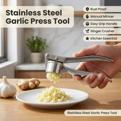 Stainless Steel 5-in-1 Garlic Press Multi-Tool - Durable and Easy-to-Clean Kitchen Utensil with Mincer, Crusher, Bottle Opener, Pit Remover, Ideal for Home Use and Gift Options