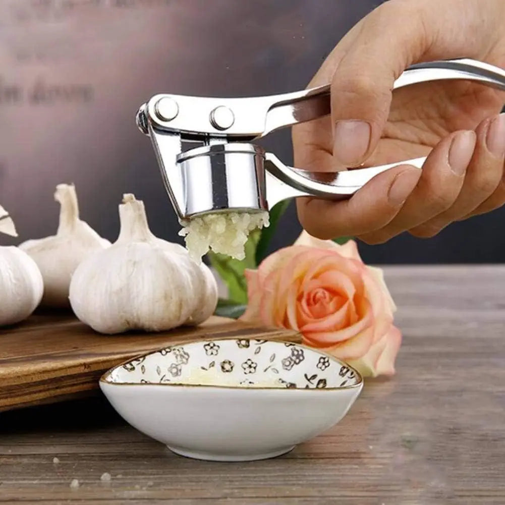 Stainless Steel 5-in-1 Garlic Press Multi-Tool - Durable and Easy-to-Clean Kitchen Utensil with Mincer, Crusher, Bottle Opener, Pit Remover, Ideal for Home Use and Gift Options