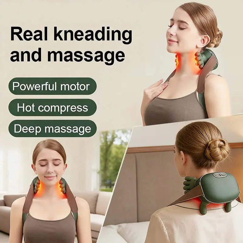 Advanced Brushless Motor Neck and Back Massager - Wireless Portable 3D Deep Tissue Kneading with Bionic Heating for Pain Relief - Ideal Gift for Legs, Neck, and Back Relaxation