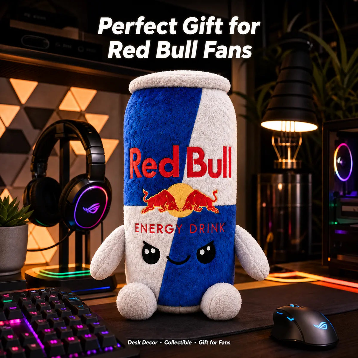 Red Bull Energy Drink Can Plush Toy - 8.7 Inch Soft Plushie for Gamer Desk Decor, Room Display, and Fan Gift