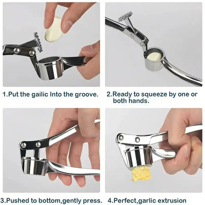 Stainless Steel 5-in-1 Garlic Press Multi-Tool - Durable and Easy-to-Clean Kitchen Utensil with Mincer, Crusher, Bottle Opener, Pit Remover, Ideal for Home Use and Gift Options