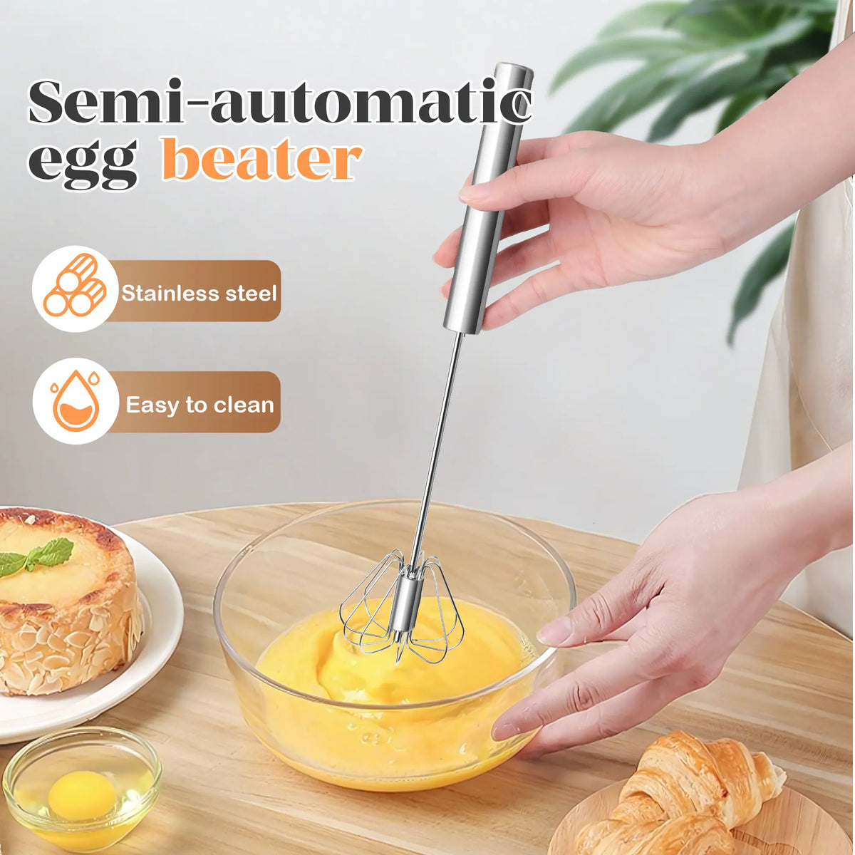 Stainless Steel Hand-Push Rotary Whisk - Food-Grade, Rust-Resistant, Durable Riveted Design for Versatile Cooking, Blending, Whisking, Beating, and Stirring - Easy to Clean